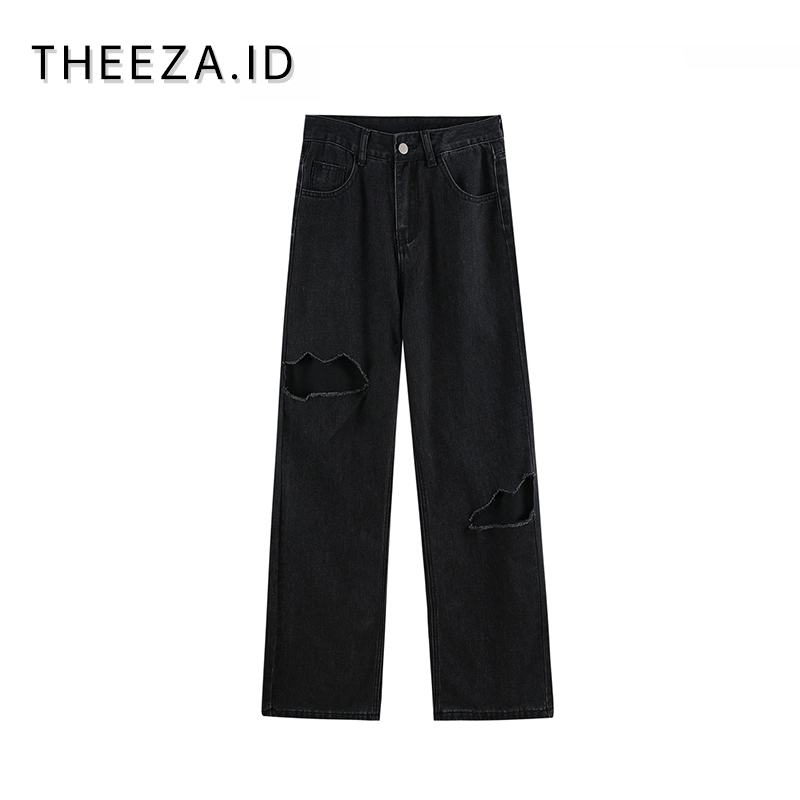 Theeza Estilo Coreano Jeans Cintura Alta Recta Pantalones Vaqueros