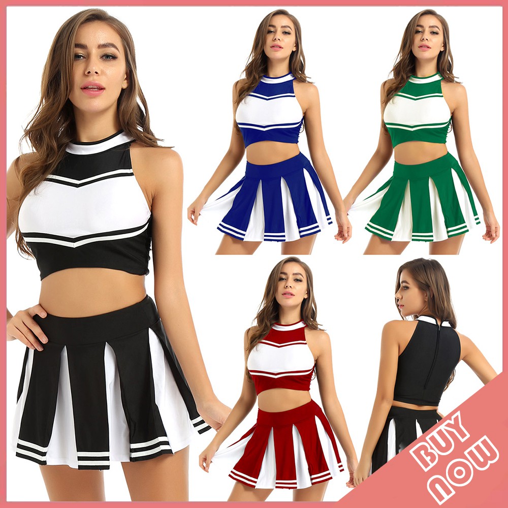 2Pcs Mujeres Adultos Porrista Traje Uniforme Cuello De Pie Crop Top Sin  Mangas Con Mini Falda Plisada | Shopee Chile