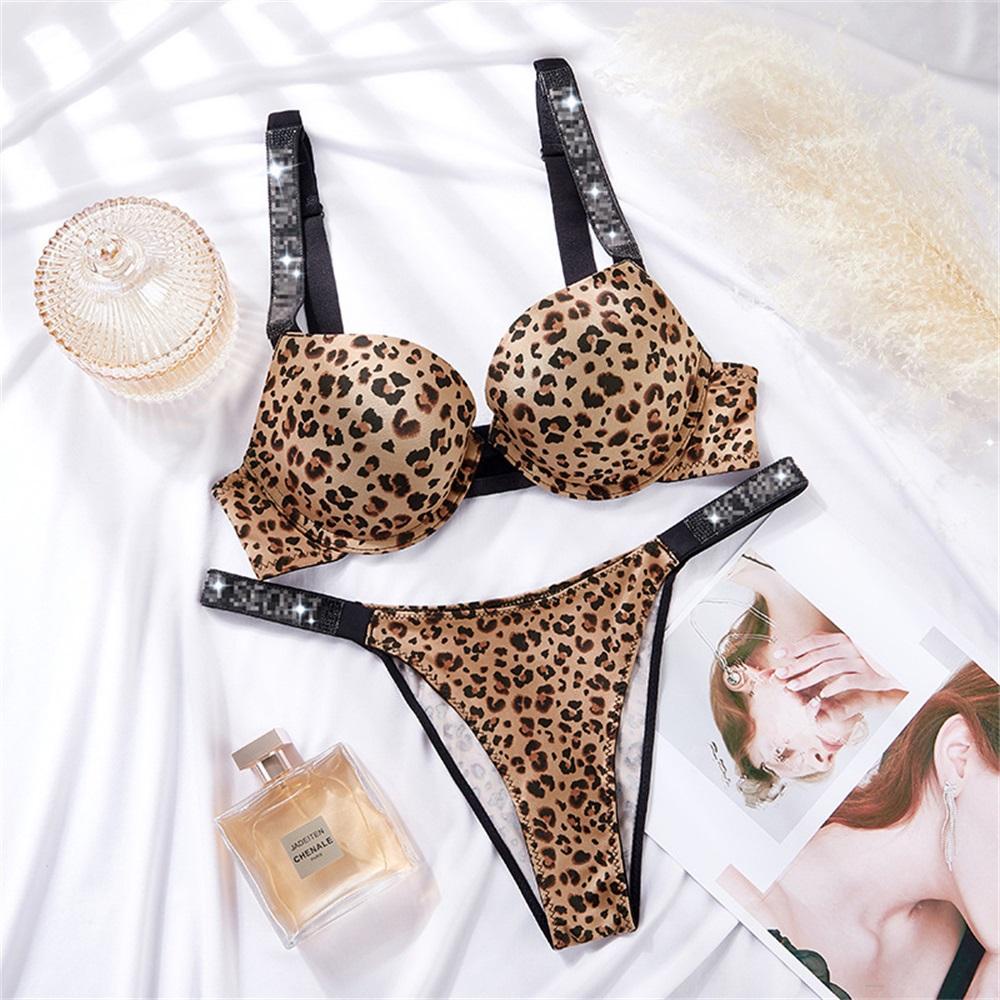 victoria secret Conjunto De Sujetador De Leopardo Push Up Sexy Sin Costuras  De Imitación Diamantes