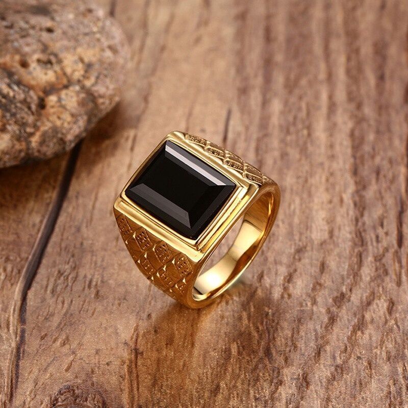 Anillo Punk De Piedra De Oro Negro Para Hombre De Amuleto Estilo