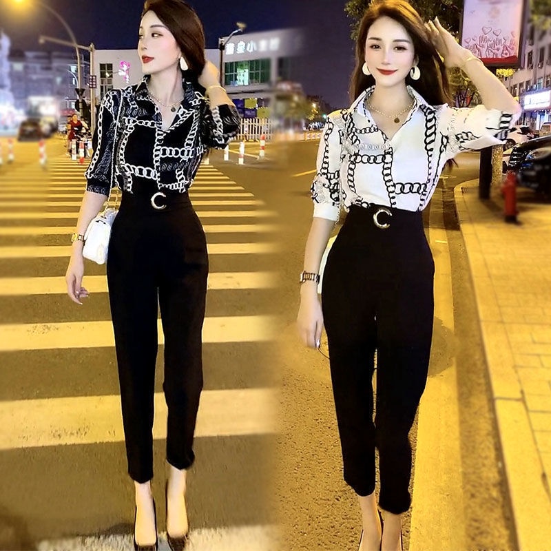 Traje De Mujer 2022 Nueva Moda Blusa Coreana De Manga Corta + Cintura Alta  Pantalones 2PC Conjunto