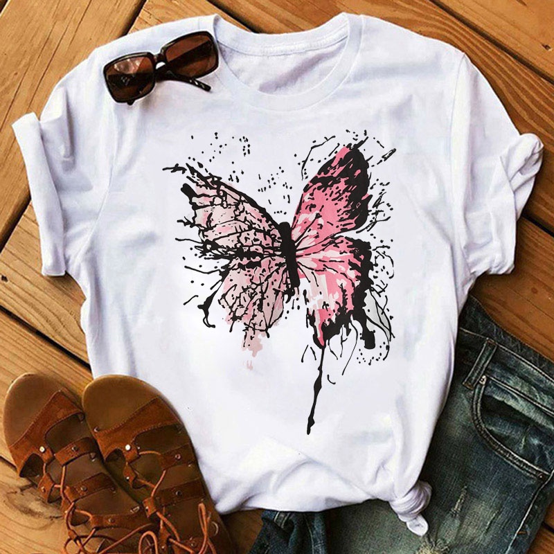 Moda mujer polera Rosa mariposa impresa Tops se ora Harajuku