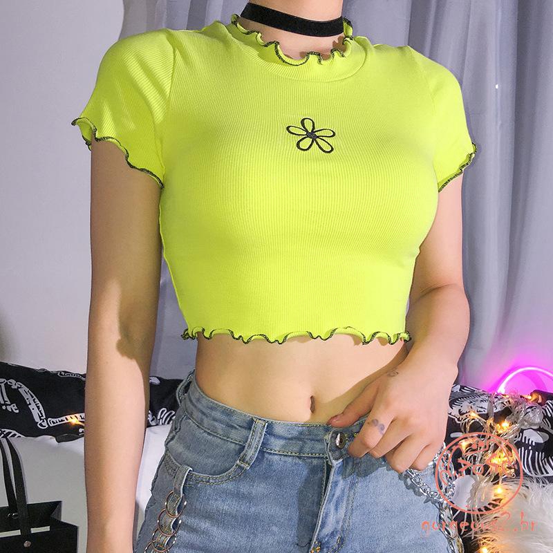 TY Blusa De Manga Corta Con Bordado De Flores Crop Top Moda Verano