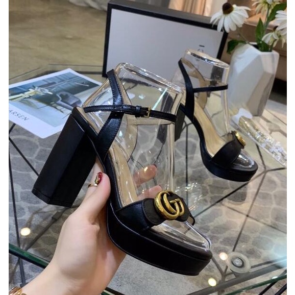 Asociación fama represa 100 % original Moda Nueva GG Gucci Sandalias De Mujer Tacones Altos Gruesas  Zapatillas De Cuero Negro | Shopee Chile