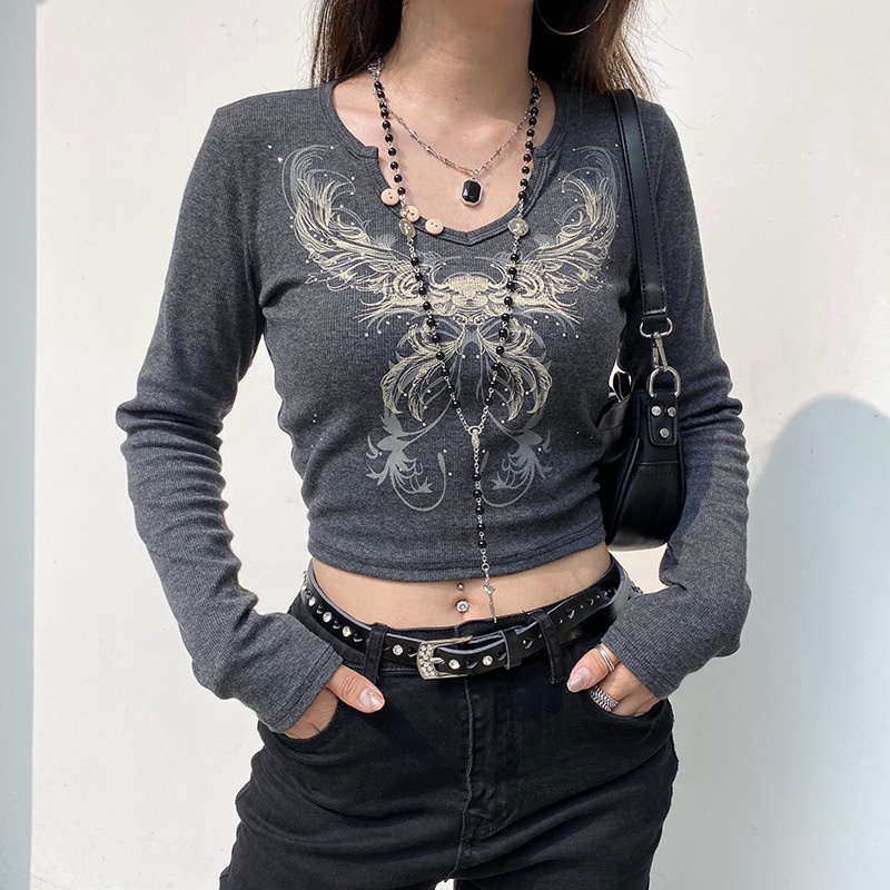 Y2K Crop Top Mujeres Vintage Grunge Impresi n Gr fica Slim Fit