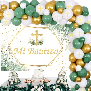 Decoraciones de primera comunión verde y dorado con fondo de madera rústica  para niños y niñas, kit de guirnalda de globos para bautizo, baby shower