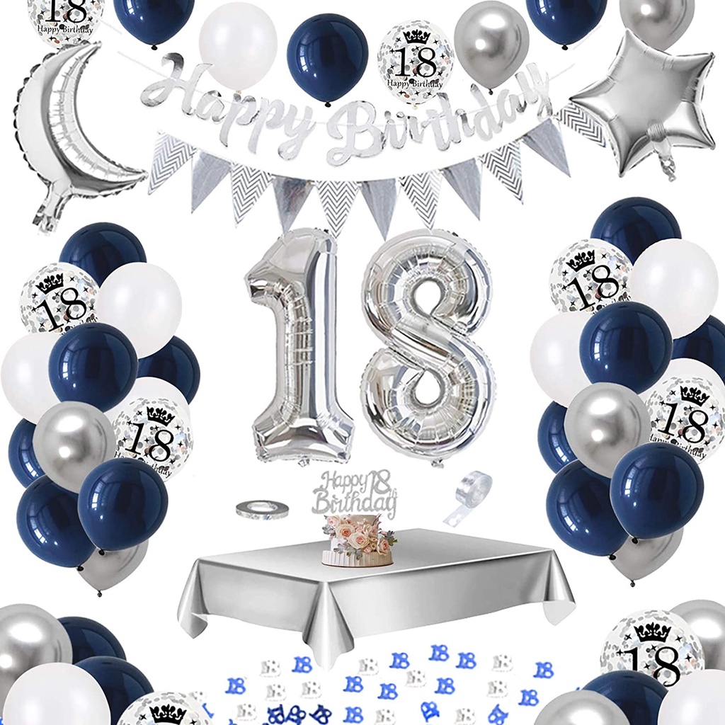  Decoraciones de cumpleaños de 18 años para niños, color azul y  plateado, decoraciones de feliz cumpleaños de 18 años, contiene pancarta de  cumpleaños, globos, globos de aluminio plateados del número 18