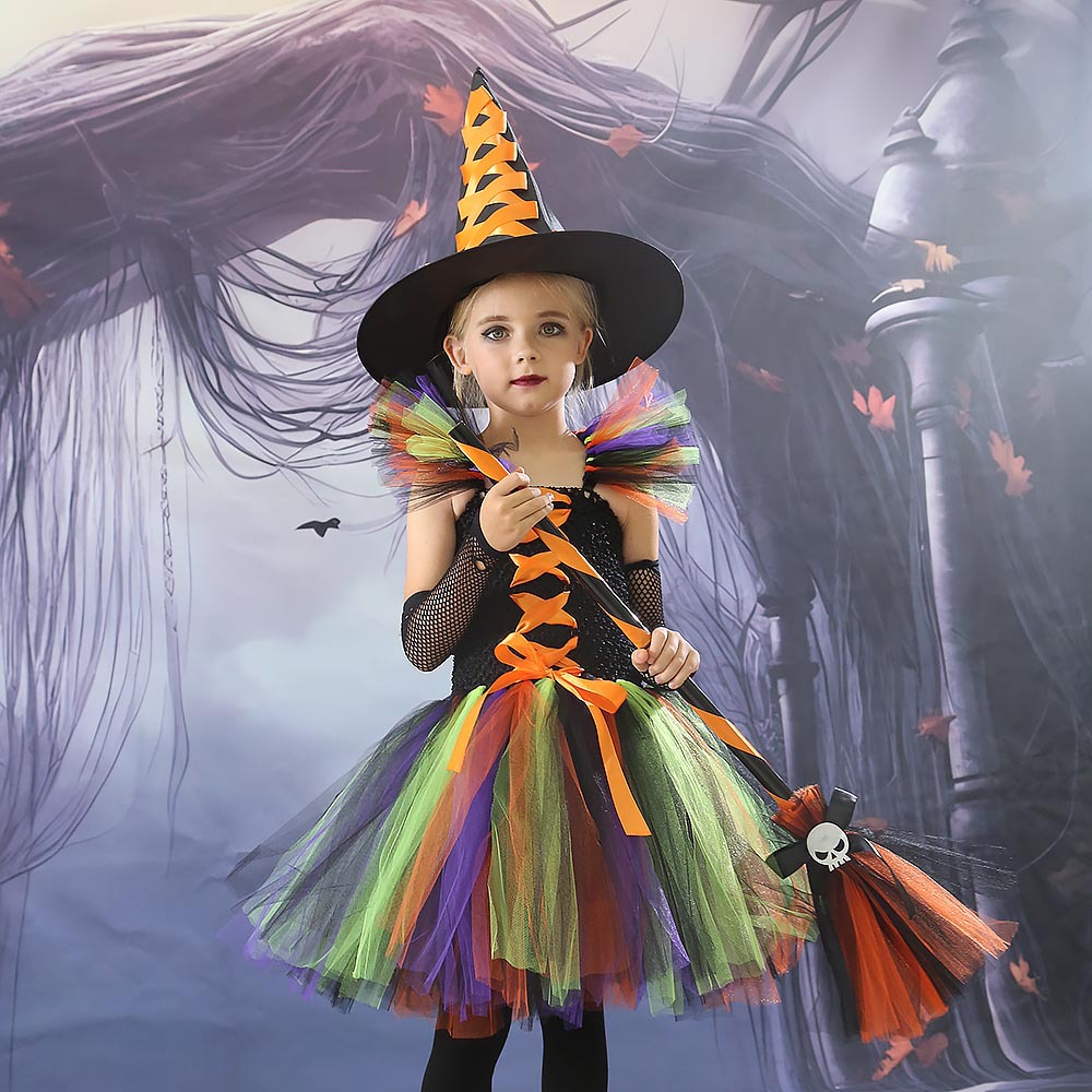 Disfraz De Bruja Para Niñas Con Tutú, Varita Y Diadema – Perfecto Para Halloween, Carnaval Y Fiestas De Disfraces (Talla Elástica, 3-8 Años)