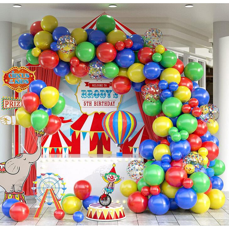 JOYYPOP Kit de guirnalda de globos de circo de carnaval con 103 globos de  látex rojo, azul, amarillo, guirnalda y globos de papel de aluminio de