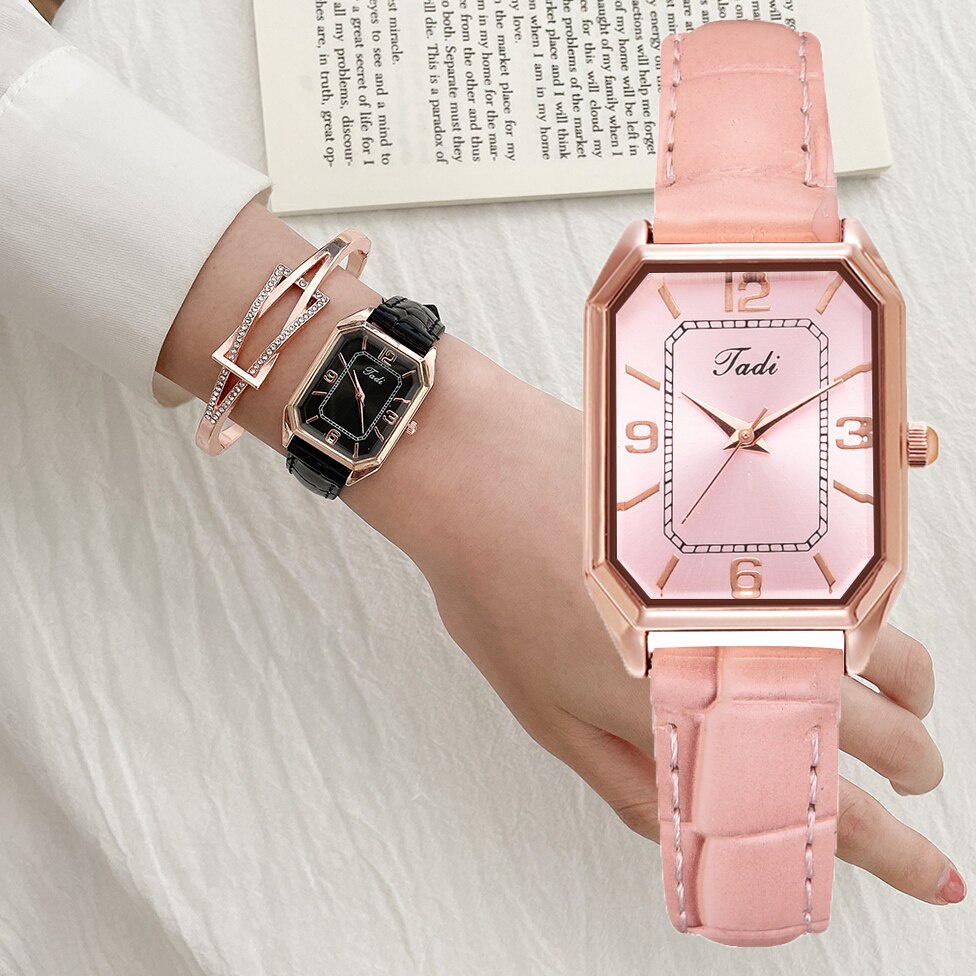 Relojes De pulsera De cuero rosa De oro rosa cuadrado relojes De pulsera Marca a la Moda relojes para Mujer Reloj De cuarzo para Mujer