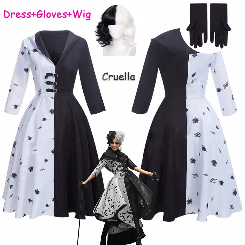 Juego Disfraz Cruella 9 Piezas: Peluca Blanco Y Negro, Máscara, Cadena Perlas, Guantes, Medias, Barra Cigarrillo