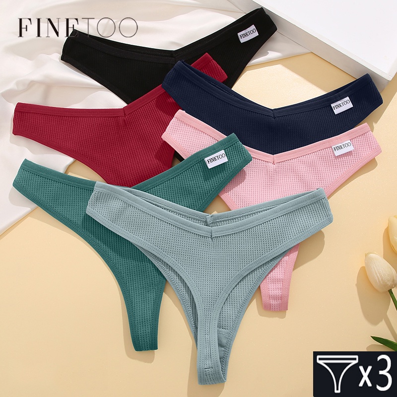 FINETOO Tangas De Algodon Para Mujer 3Pcs Set Comodo Waffle G string Ropa Interior Femenina De Baja Altura T Back S XL Bikini Color Solido Shopee Chile