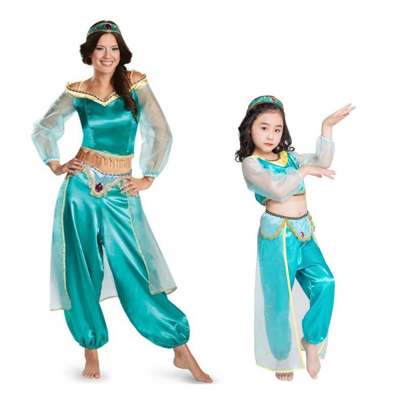 Disfraz de jazmín para danza del vientre, disfraz de princesa de Aladdin,  color verde azulado para mujeres/niñas