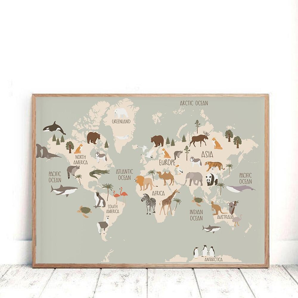Mapa Del Mundo De Los Animales Arte De La Pared Guardería Pintura En ...