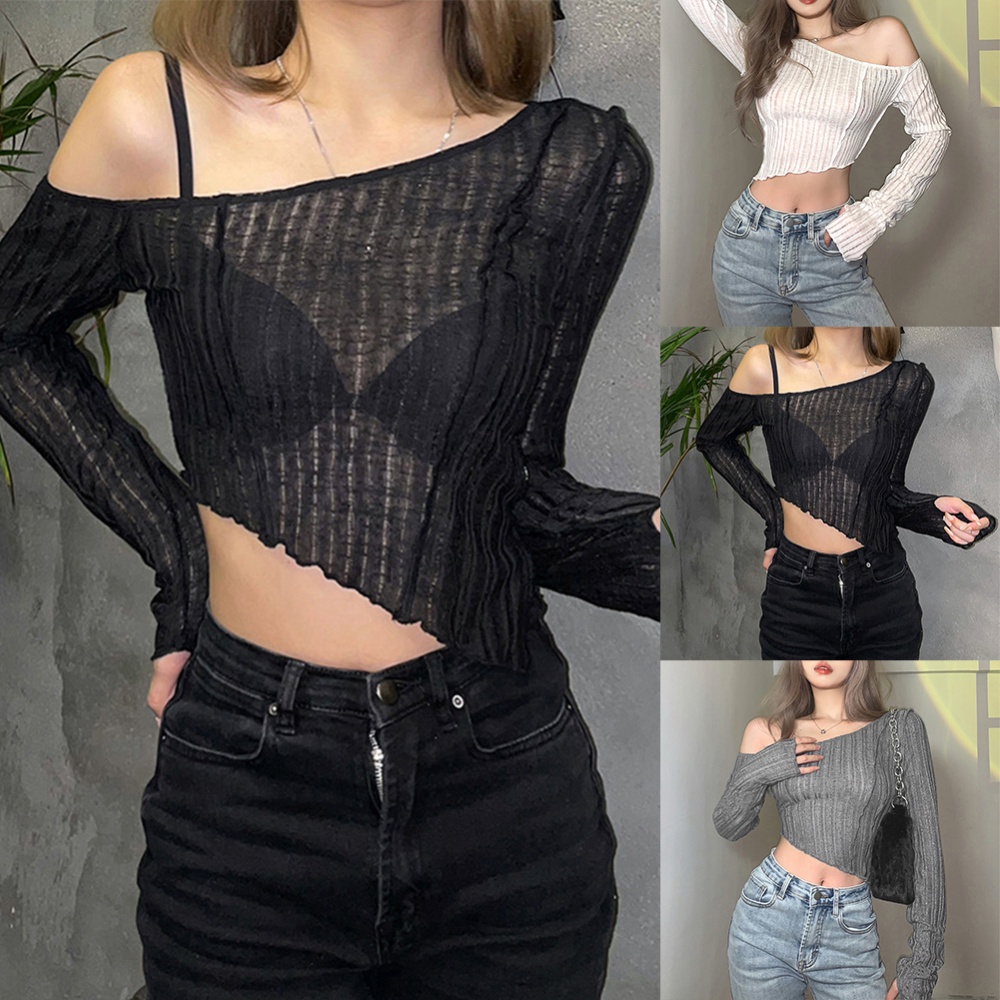 Polera De Manga Larga Para Mujer Sexy Irregular Cuello S lido Slim