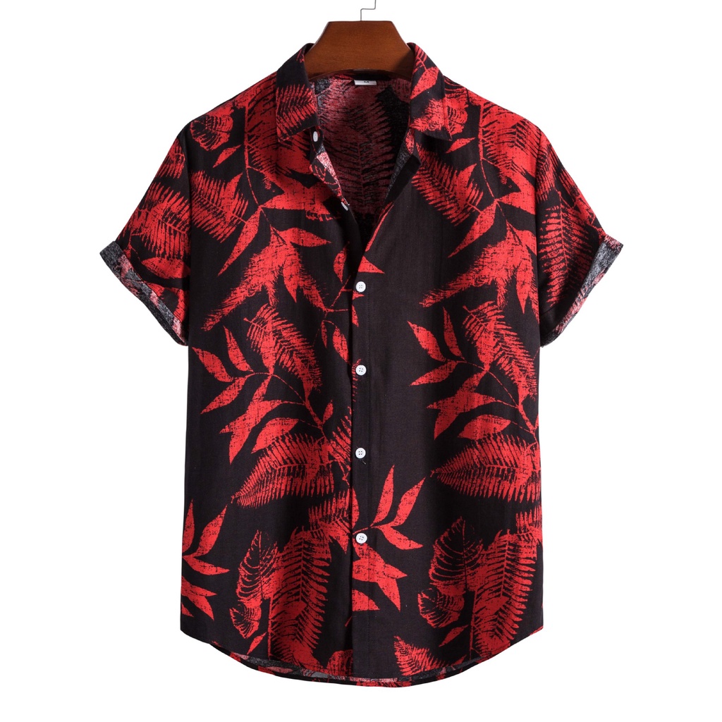 Camisa Hawaiana De Manga Corta Para Hombre De Con Estampado Rojo