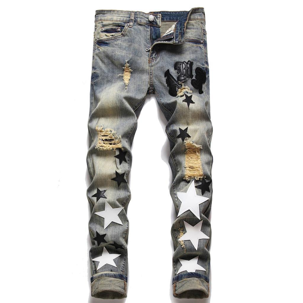 Tooyoo Jeans rasgados bordados para hombres versión coreana pantalones ...