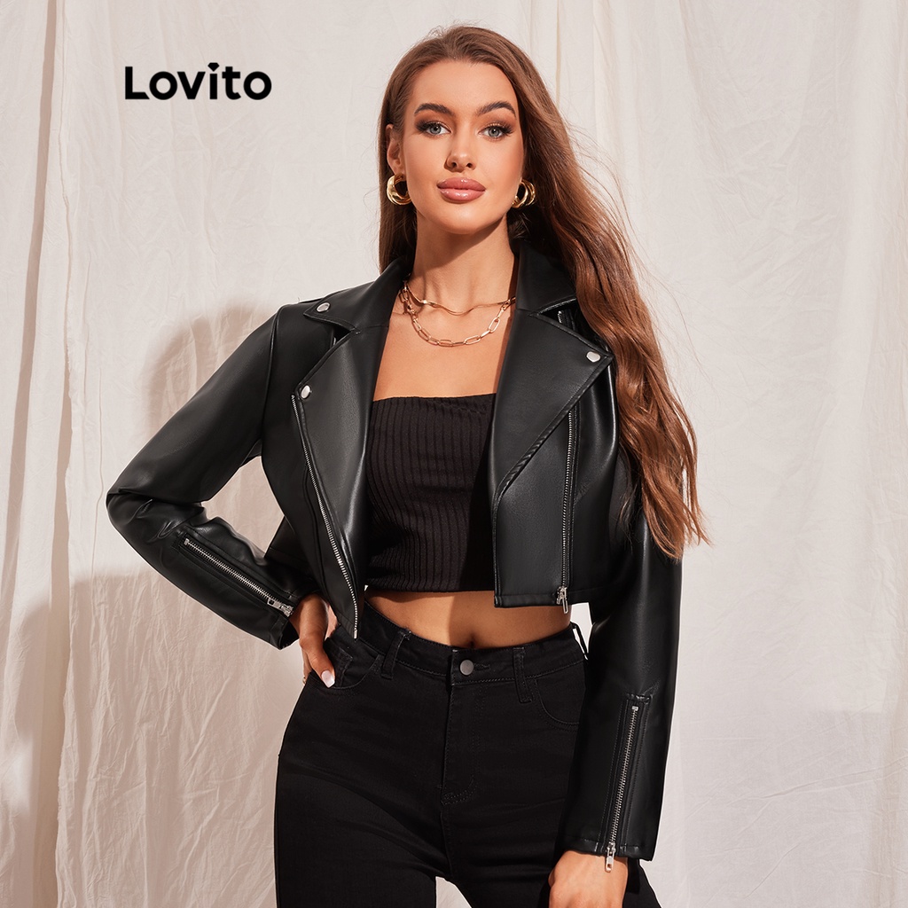 Lovito Casual Cremallera Lisa Cuero Pu Solapa Cuello Moto Chaqueta Para Mujer L45LD008 Negro Shopee Chile