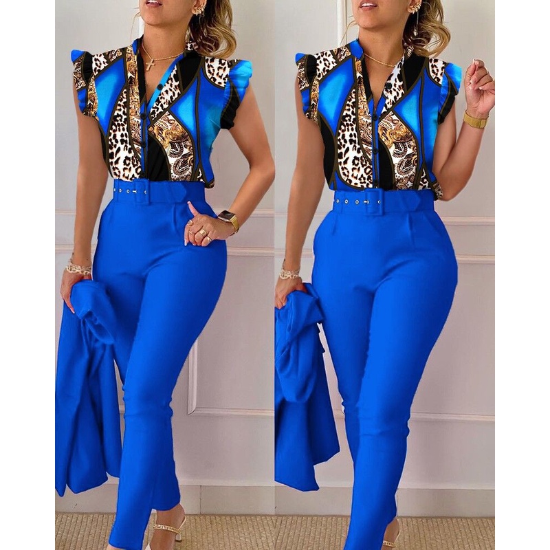 Conjunto De Dos Piezas De Impresion De Boton De Vuelo De La Manga Con Cuello En V Camisa De Los Pantalones Elegantes Trajes 2023 Moda De Las Mujeres Slim Fit Oficina Blusas