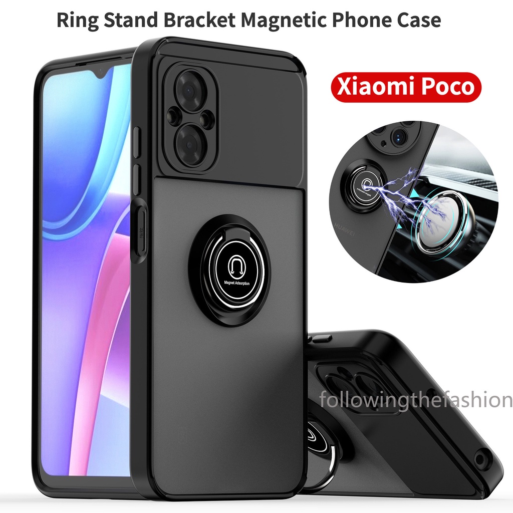 Funda Mate con Borde Negro y Anillo Giratorio 360 para Xiaomi Poco C65