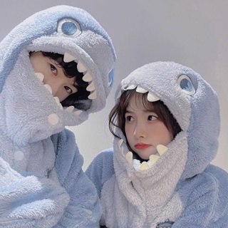 Pijama de terciopelo Coral con capucha de tiburón para mujer, ropa