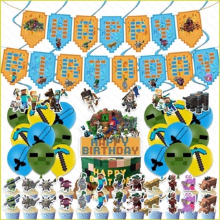 Minecraft Feliz Cumpleaños Bandera Globos Pasteles Toppers Fiesta  Decoraciones