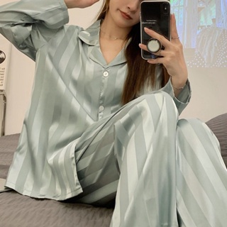 Satin Pajama Shirt and Pants - Green/striped - Ladies