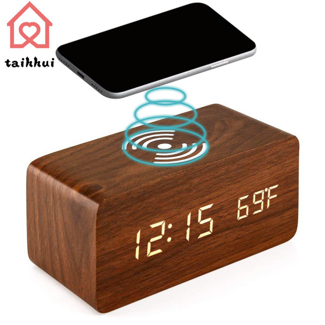 Comprar Reloj Digital de madera de haya, alarma Dual, despertador USB,  termómetro de mesa, LED electrónico de madera