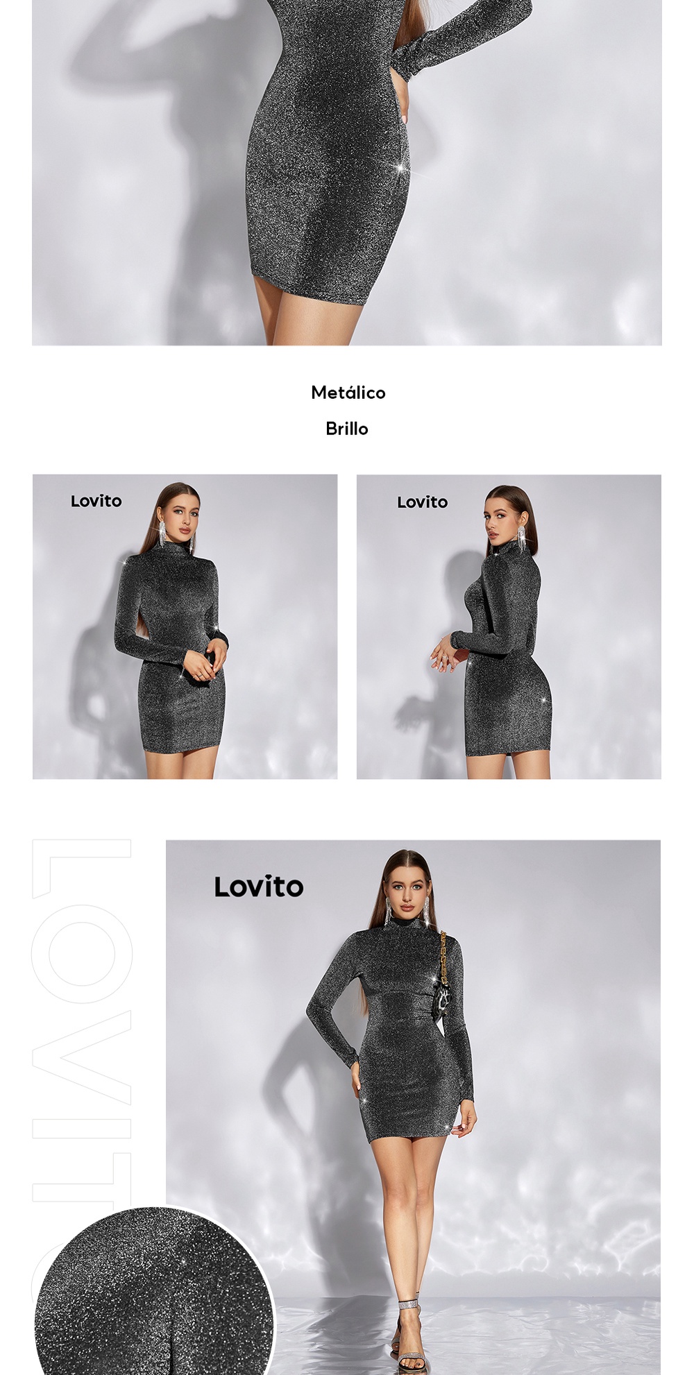 Lovito Vestido Sexy Liso Metálico Brillo Adornos De Lechuga Cuello Alto  Manga Larga L22LD207 (Negro)